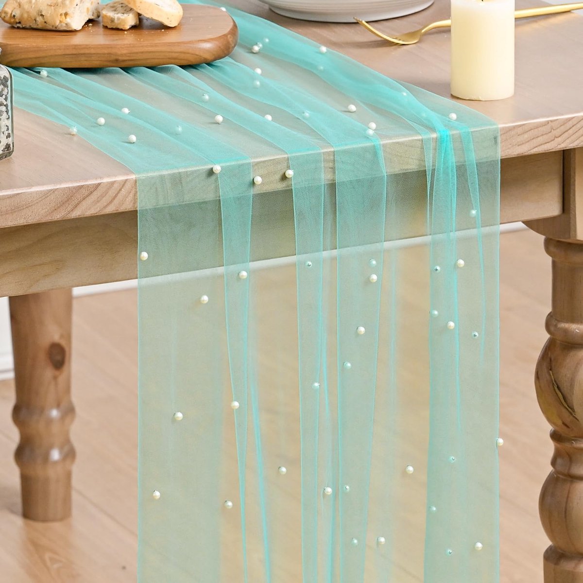 Mode Turquoise tule met parels lente tafelloper 70 x 300 cm, zomer huis woonkamer tafel decoratie binnen vakantie party decoratie