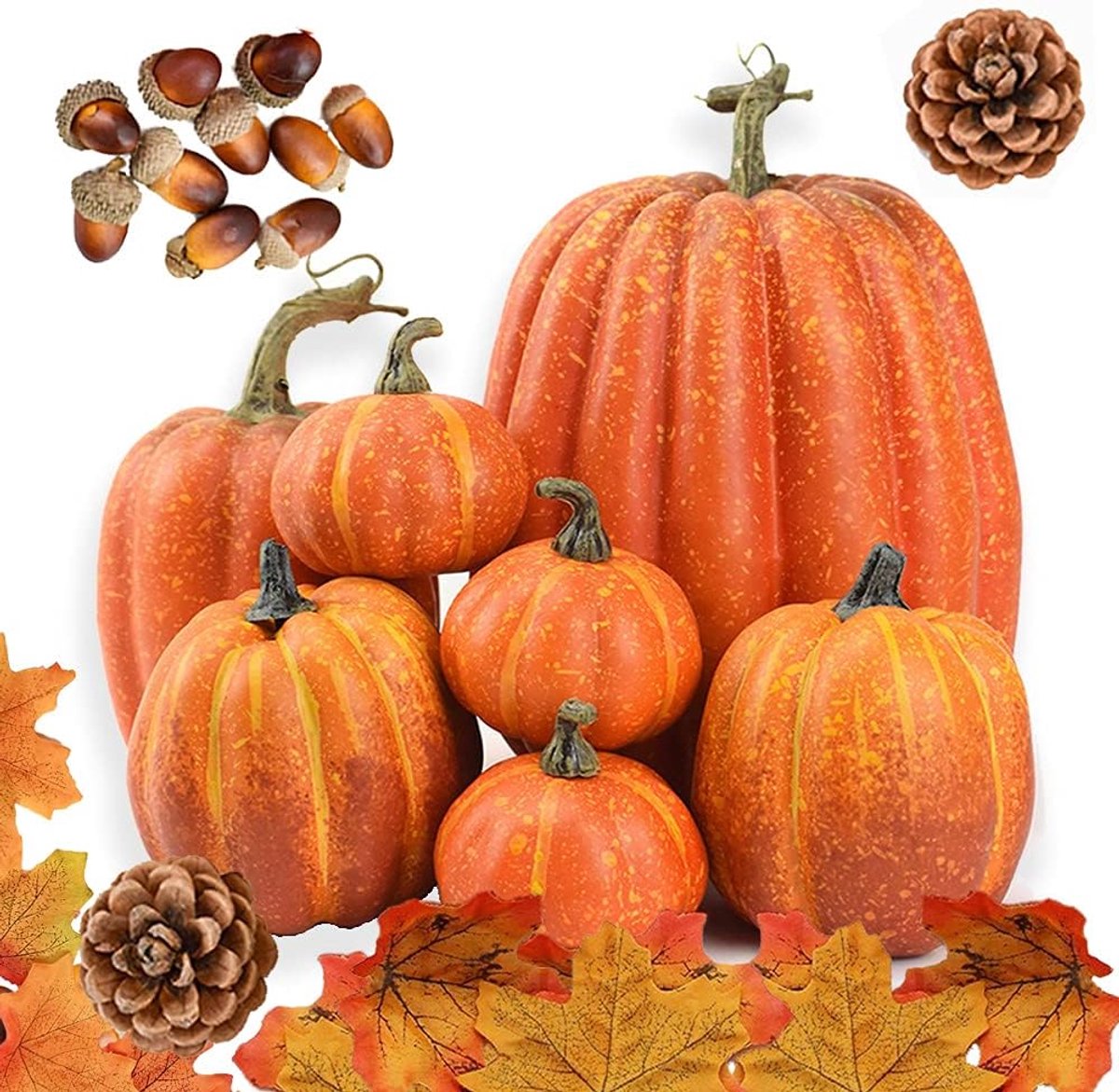 Herfst Decoratie Set, Grote Maat Kunstmatige Pompoen, Esdoornbladeren en Dennenappels, Eikels voor Herfstkrans Gebruik, Thanksgiving Dag en Halloween Party Decoratie