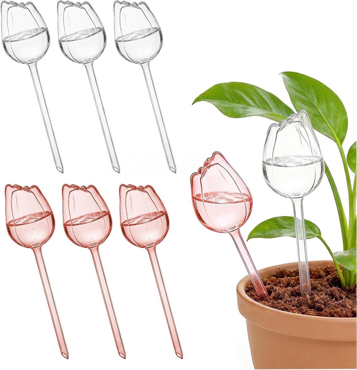 Bewateringsbollen voor Planten, 6 stuks Plantenbewatering | Tulpenvorm, potplanten, automatische irrigatieballen voor kamer, balkon en tuinplanten (transparant champagnekleuren)