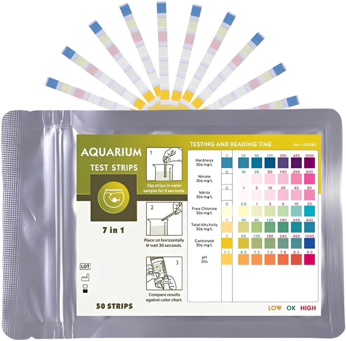 Aquariumwatertest 7-in-1 teststrips, 50 x voor vissen en vijver, meet pH, nitriet, nitraat, GH, KH, CL2, snelle waterwaardentest voor gezonde aquaria