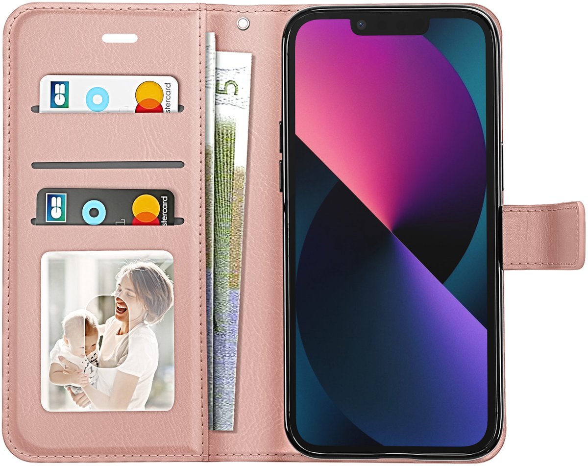 Mayaxess, Portemonnee Hoesje Geschikt voor Apple iPhone 13 met Polsbandje en Standaard, Roségoud