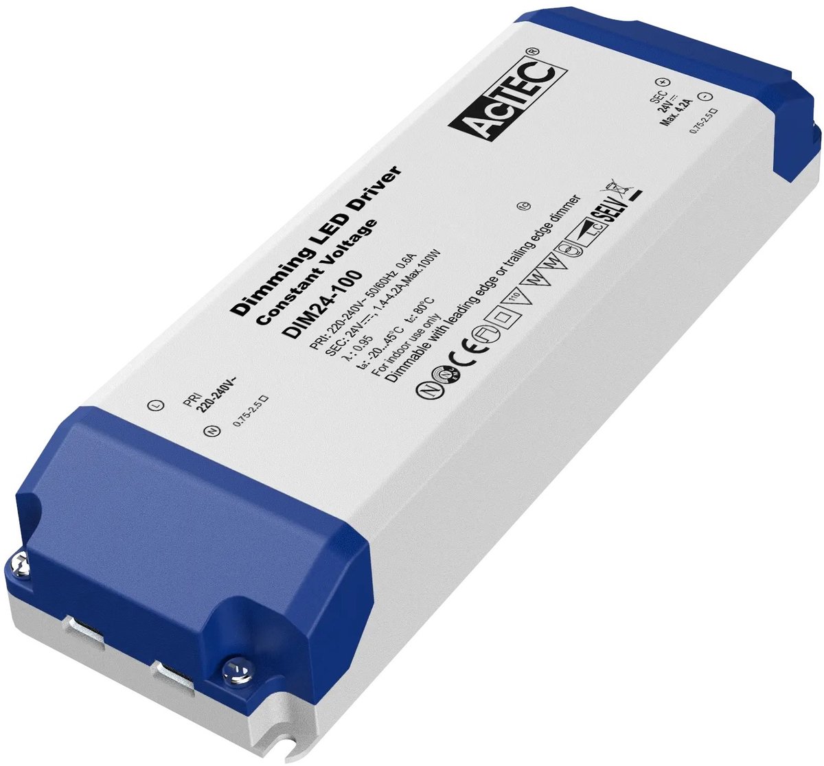 LED-driver 24V/100W, constante spanning (CV), triac dimbaar, voor ledstrips, afmetingen 67 x 34 x 210 mm, IP20
