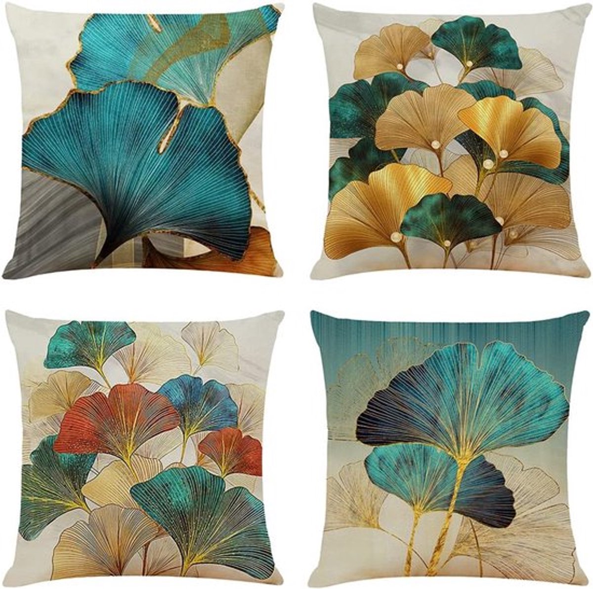 Decoratieve Kussenhoezen Set van 4 - Turkoois en Goud - Luxe Linnen - 45x45