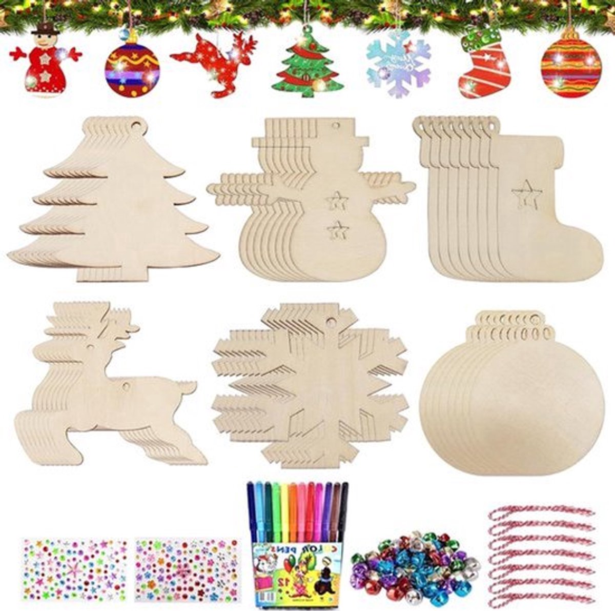 Kerstdecoratie Hanger 48 Stks kerstboomversiering van hout Kerstboomdecoraties Gemaakt van hout Kerstdiy Knutselen Houten Plakjes Kerstsieraden Kerstversieringen voor hangende