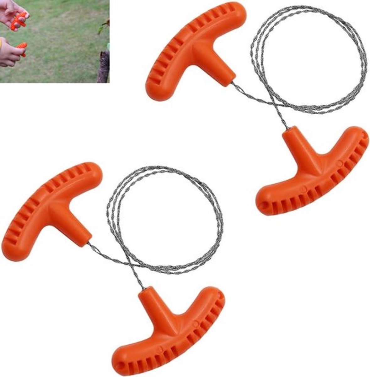 2 stuks - RVS draadzaag - Draagbare zakkettingzaag - Handdraadzaag voor kamperen in de buitenlucht - Handdraadzaag met comfortabele grip - Kampeeraccessoires - Geschikt voor houtzagen, kamperen, wandelen, vissen en reizen (oranje)