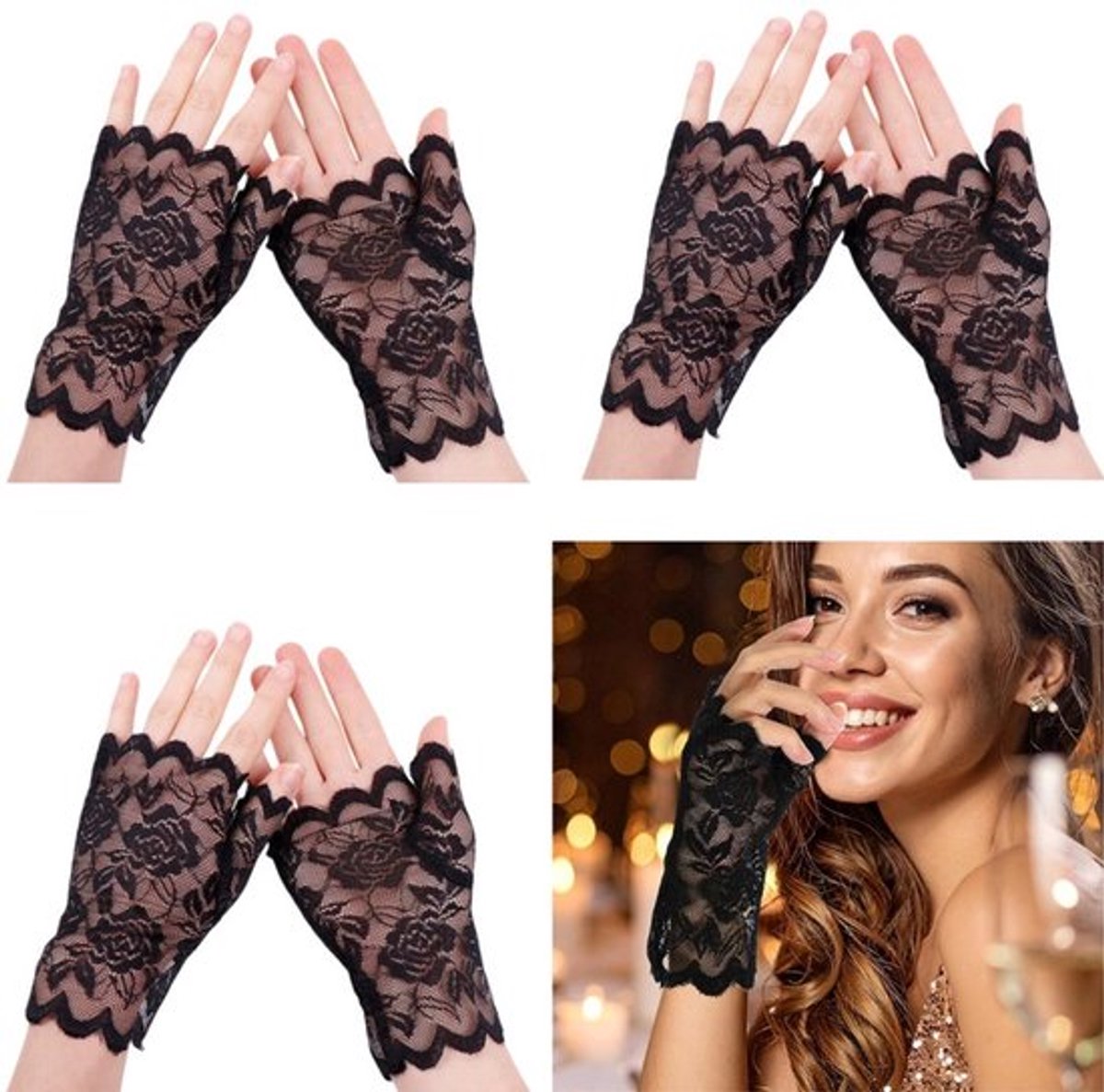3 paar - Vingerloze handschoenen dames - Korte kanten handschoenen - Zomerse autorijhandschoenen - Vingerloze zonwerende handschoenen – Galajurkhandschoenen - Geschikt voor bruiloften, feesten en opera's - Accessoire voor bruiloft -theekransje- zwart