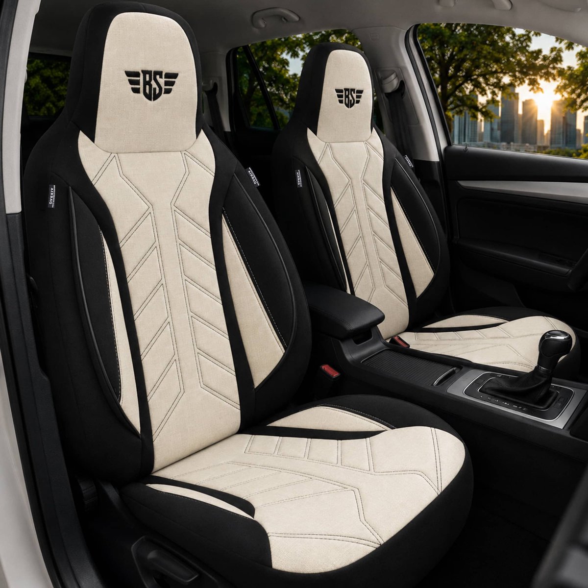 Autostoelhoezen voor Kia Sportage BJ 2010-15 – Stoelhoezen voor bestuurder en passagier in Zwart/Beige