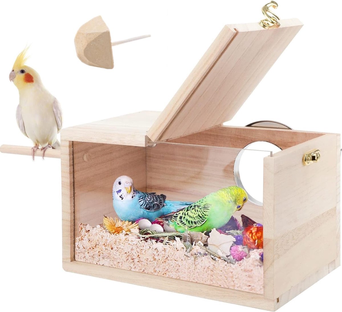 Vogelhuisje 13 x 13 x 25 cm - Transparant ontwerp - Met zitstok en molarsteen - Geschikt voor kleine vogels - ShopVlot