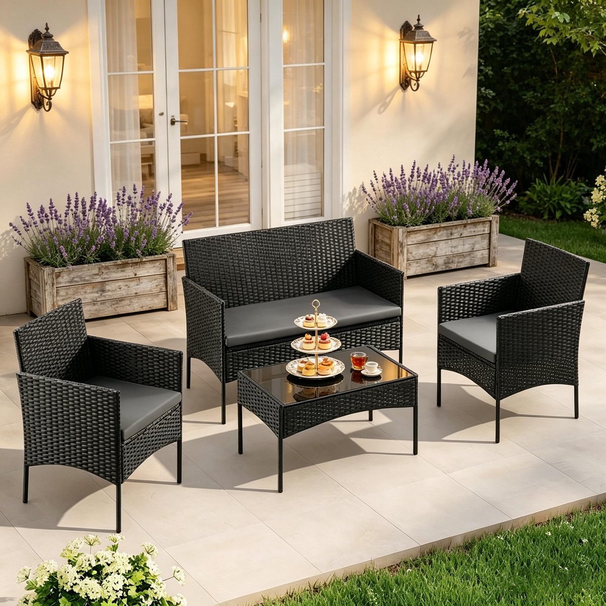 FloraGrace Stoel-Bank Loungeset - 4-Delig Voor 4 Personen - Met Kussens En Glazen Salontafel - Voor Tuin, Terras En Balkon - Polyrattan - Zwart