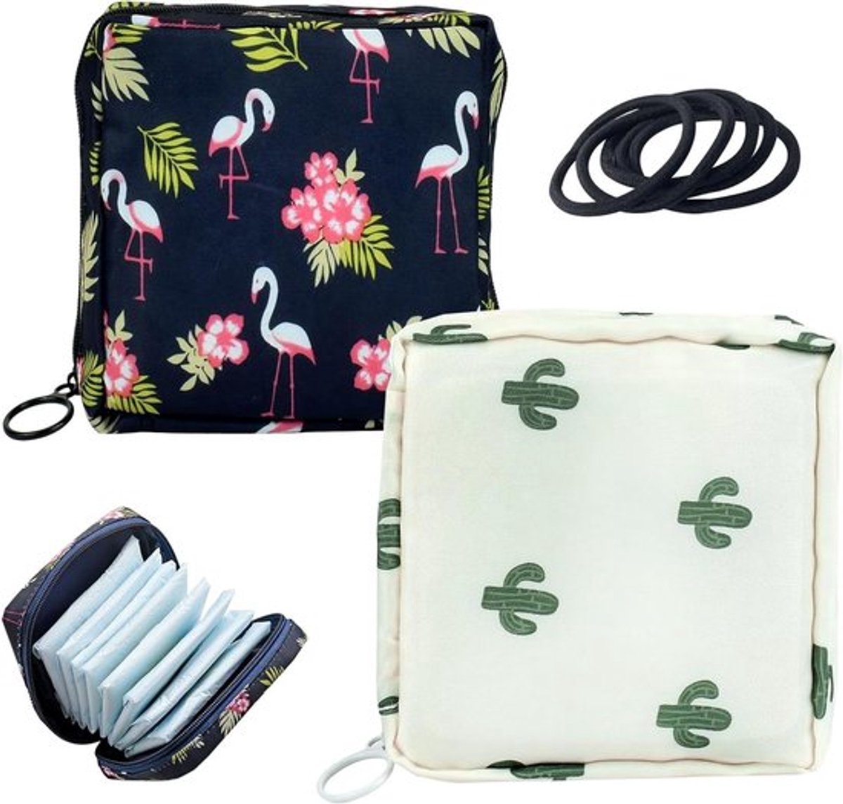 Draagbare opbergtas voor maandverband 2 stuks met rits - Grote capaciteit - Eerste menstruatiezakken voor tienermeisjes en vrouwen - Cactus en flamingo opdruk