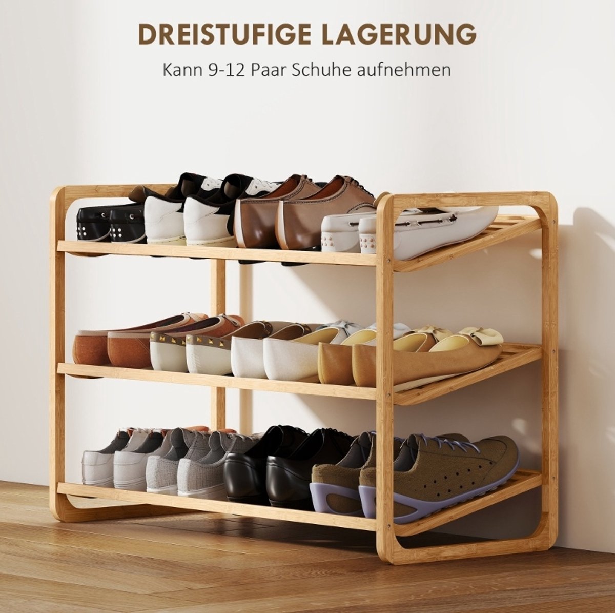FloraGrace Schoenenrek – 76 x 33 x 50,8 Cm – 3-Laags Open Ontwerp – Bamboe – Natuurkleur – Voor 9-12 Paar Schoenen – Staand Rek