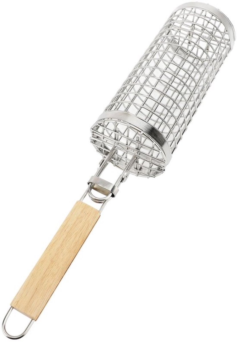 Rollende Grillmand Open Dicht Type Roestvrij Staal Houten handvat Grilnet Manden, Afneembare Handvat, BBQ Gereedschap voor Groenten Garnalen, Outdoor Koken Camping Picknick