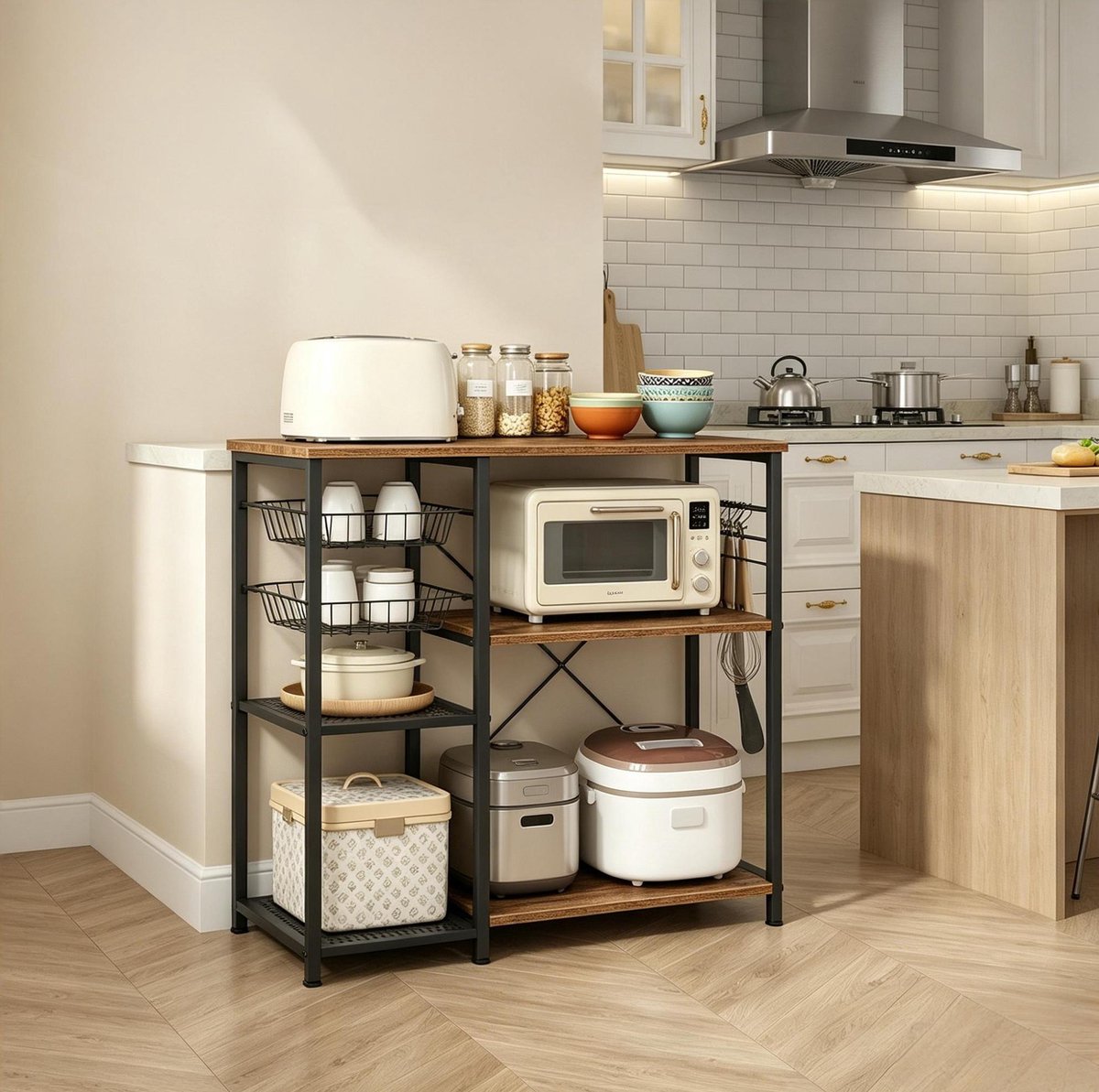 MIVRAY Keukenrek – Open Opbergrek Met 2 Metalen Mandjes En 5 Haken – 90 x 40 x 82 Cm – Metaal En Spaanplaat – Zwart Bruin – Voor Keuken En Magnetron