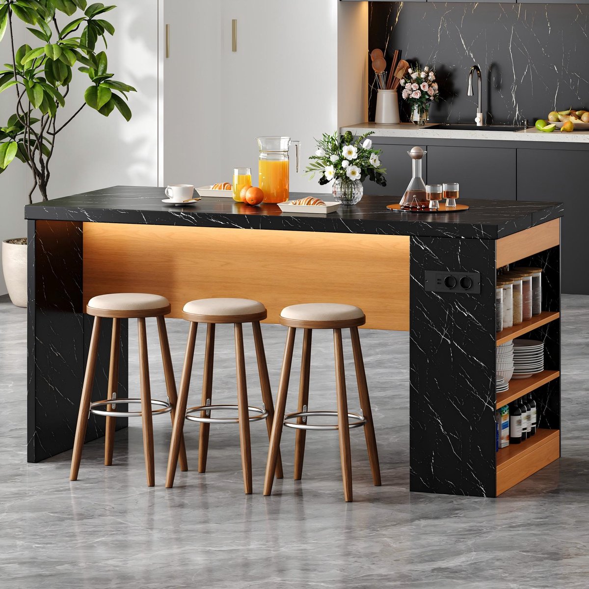 VVBV Bartafel 155x80x90 cm - Opbergruimte, USB-Aansluiting, Stopcontact, LED-Verlichting - Zwart/Naturel, MDF