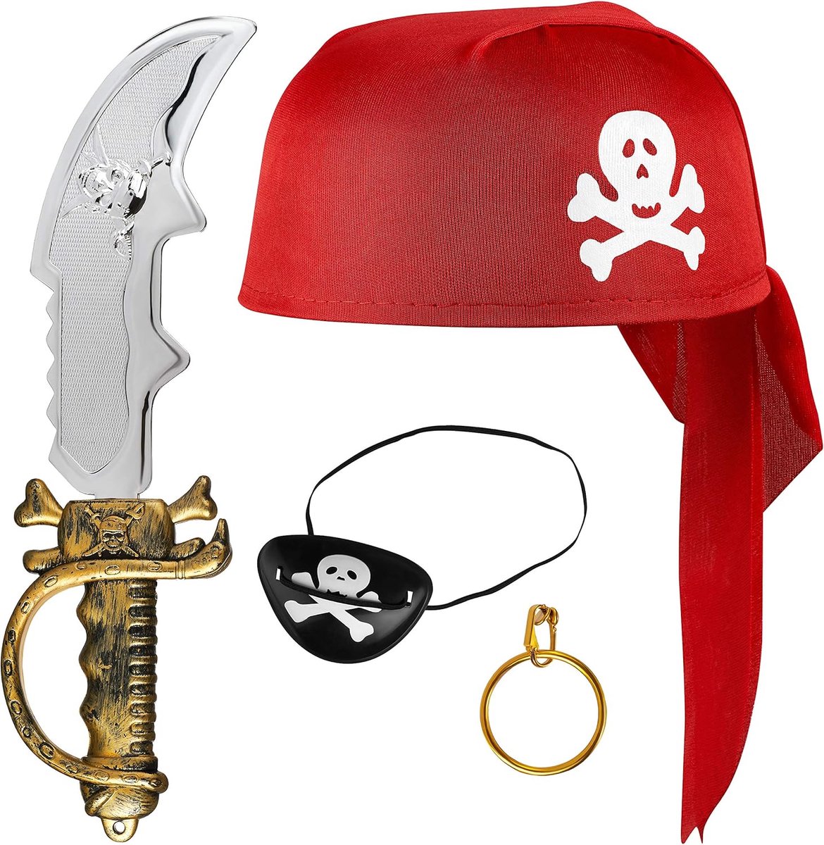 4-delig voor kinderen bestaande uit rode piratenhoed + sabel + ooglapje + gouden oorbel - verkleedset voor carnaval/themafeest