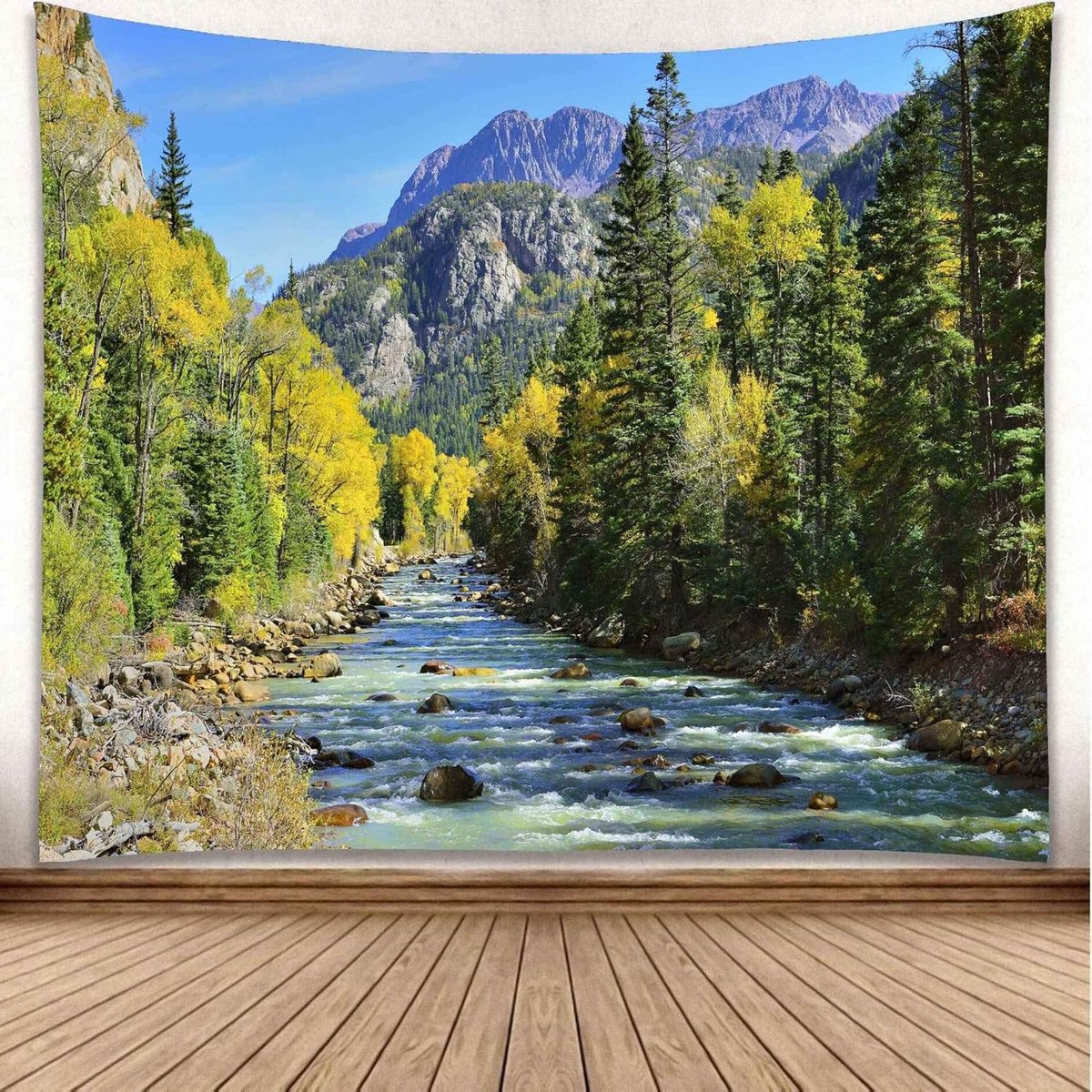 Bos Mountain Stream Wandtapijt, Natuurlandschap Landschap Scenic Green Pine Tree Wandtapijten 230X180cm (90x70") voor Slaapkamer Woonkamer
