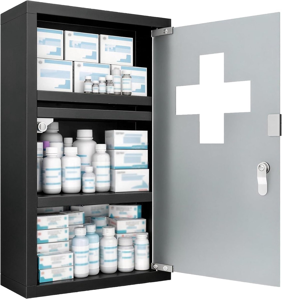 Medicijnkastje, 30 x 12 x 50 cm, roestvrij staal, apothekerkast, 3 etages, EHBO-kast met afsluitbare apothekerkast, keuken, 30 cm breed