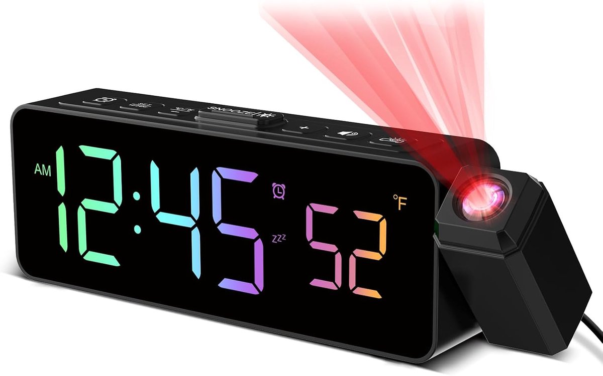 Projectiewekker voor plafond-muren, digitale wekker met 180° projector, temperatuurweergave, RGB-display, 4 helderheden, 3 volumen, 9 minuten sluimeren, 12/24 uur, wekker met projectie voor slaapkamer