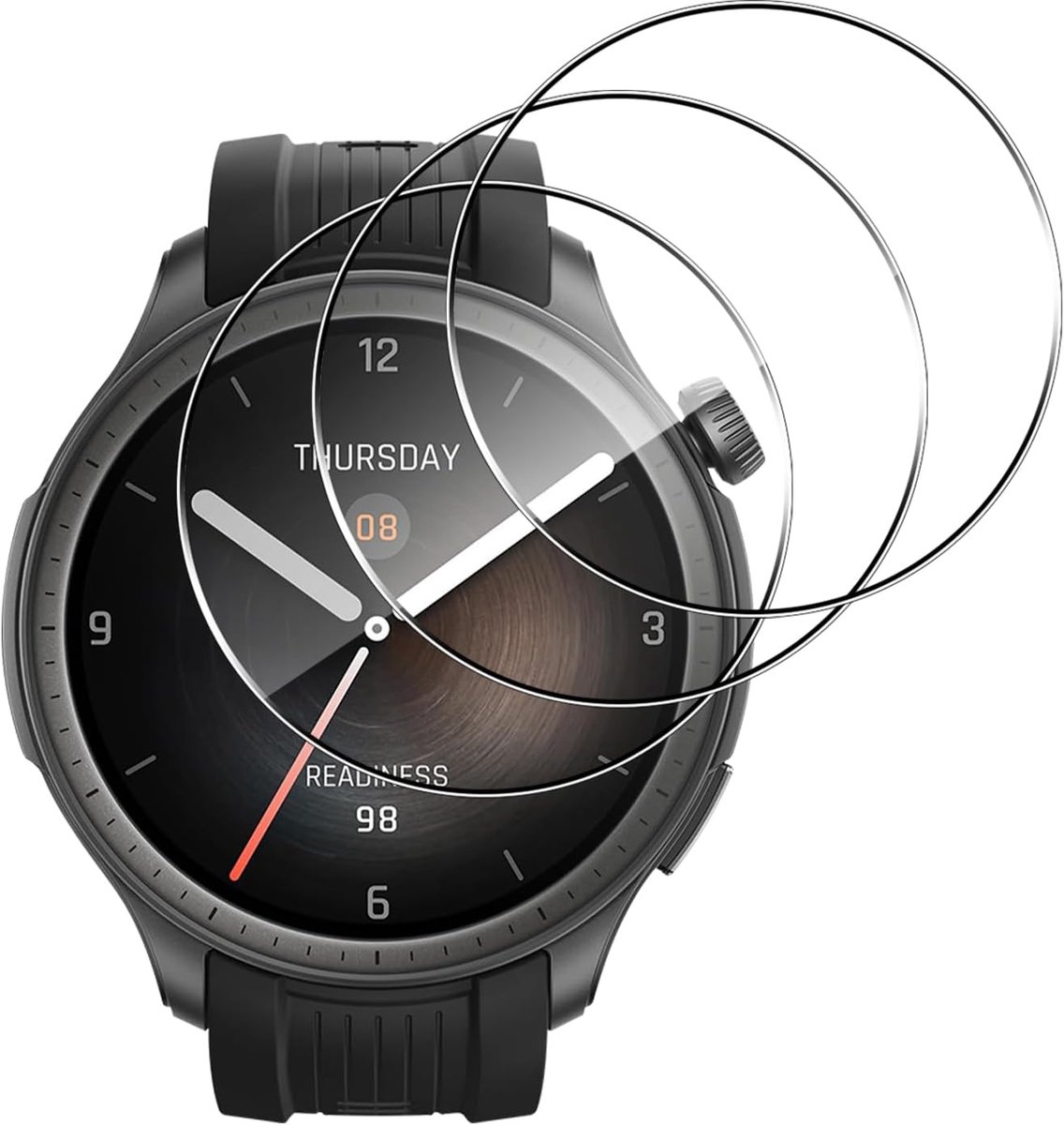 Displaybeschermfolie van gehard glas voor Amazfit Balance/Garmin Fenix E 47 mm [3 stuks], 0,33 mm, ultrahelder, hardheidsgraad 9H, krasbestendig, displaybeschermfolie