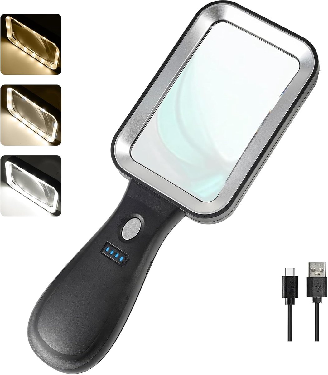 Groot vergrootglas met licht, 10x vergrootglas met licht, 30 LED vergrootglazen om te lezen met 3 modi, USB oplaadbare handvergrootglas voor senioren lezen, inspectie, munten