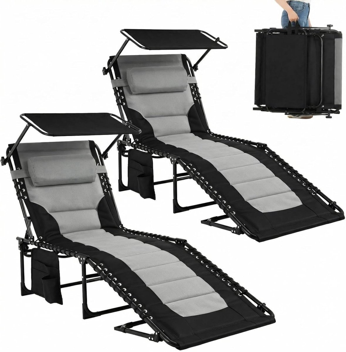 200×66 cm ligstoel inklapbaar met dak, set van 2, gestoffeerde ligstoel met 5-voudig verstelbare rugleuning, extra grote tuinstoel tot 150 kg, opvouwbaar voor balkon, camping, zwembad
