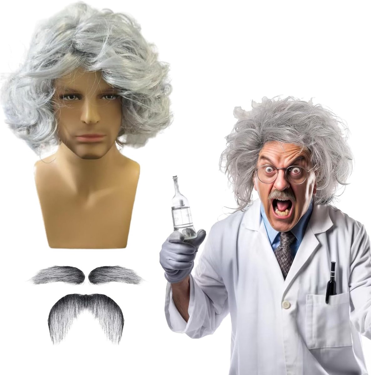 3 stuks grijze pruikenset met baard, gekke wetenschapperskostuum, pruik voor mannen, opa-pruiken, wetenschapper professor, verkleedpruik voor feest, cosplay, Halloween (3 stuks)