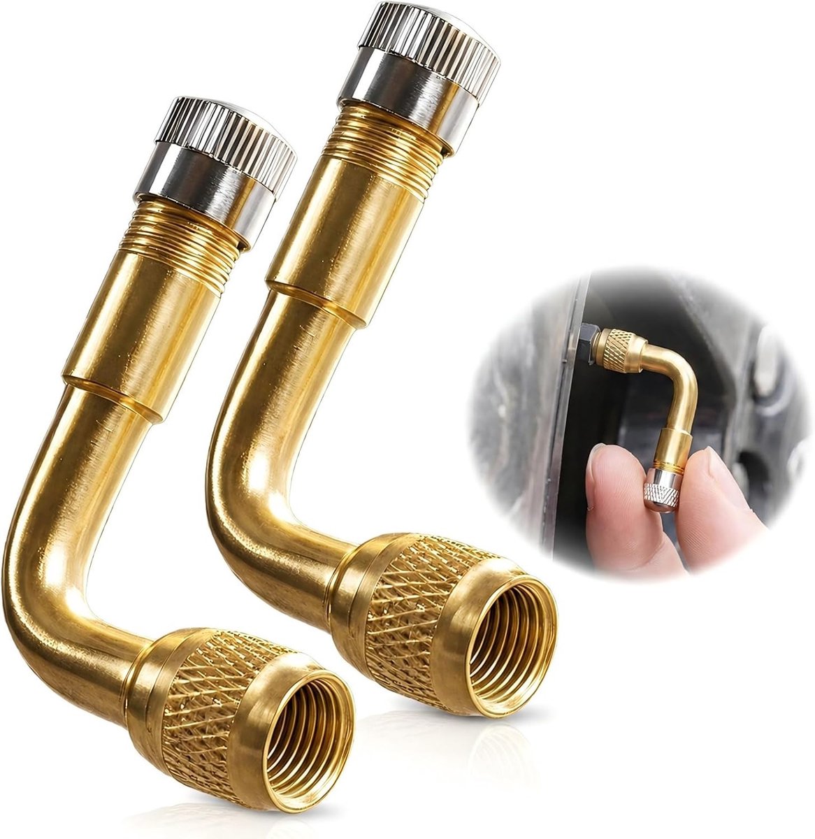 2 stuks 90 graden messing ventielverlenging, hoekventieladapter voor autoventiel, AV-ventiel, bandenventielverlenging voor auto, motorfiets, fiets, scooter, aanhanger en kruiwagen