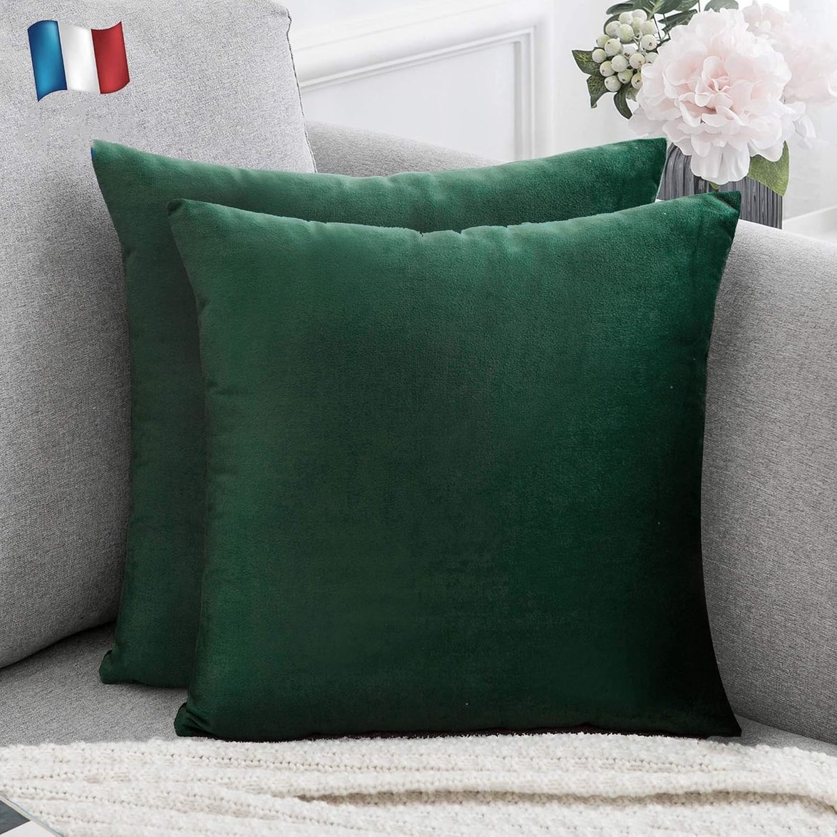 Set van 2 fluwelen kussenhoezen 45x45 Donkergroen zachte en solide, vierkante decoratieve kussensloop voor sofa slaapkamer woonkamer (2 Donkergroen)