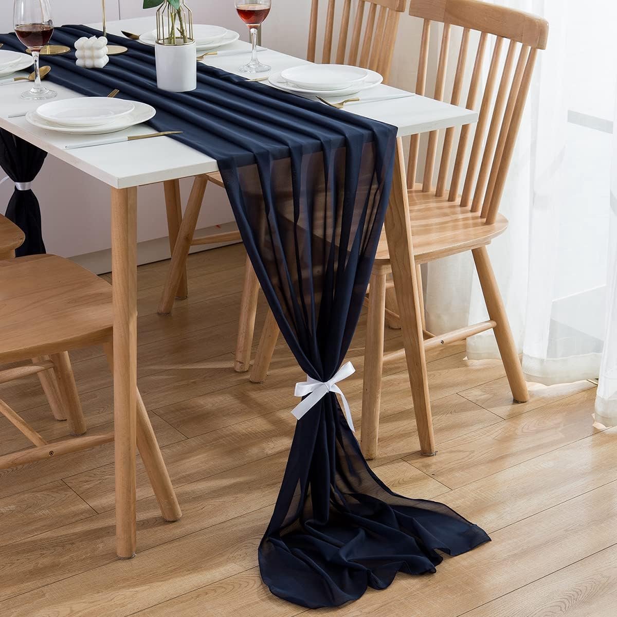 Tafelkleed, tafelloper, van chiffon, tafeldecoratie, 300 cm, marineblauw