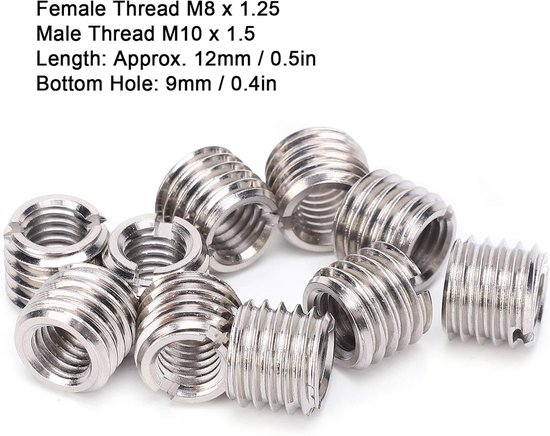 naar M10 draadadapter, 10 stuks M8 draadinzetstuk verloopmoer, roestvrij staal M8 X 1,25 M10 X 1,5 platte kop inzetmoer draadhuls reparatie draadinzetstukken inschroefmoer — afbeelding 5