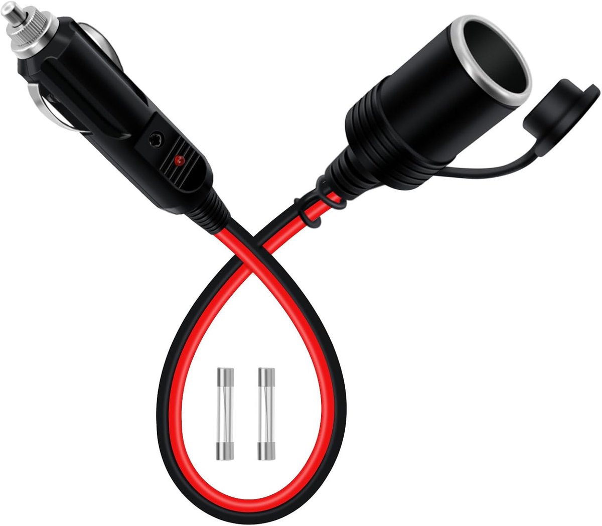 12V 24V Sigarettenaansteker verlengsnoer sigarettenaansteker plug verlengsnoer Heavy Duty 14AWG 20A zekering met LED-licht en waterdichte hoes, geschikt voor auto's, motorfietsen (0,3 m)