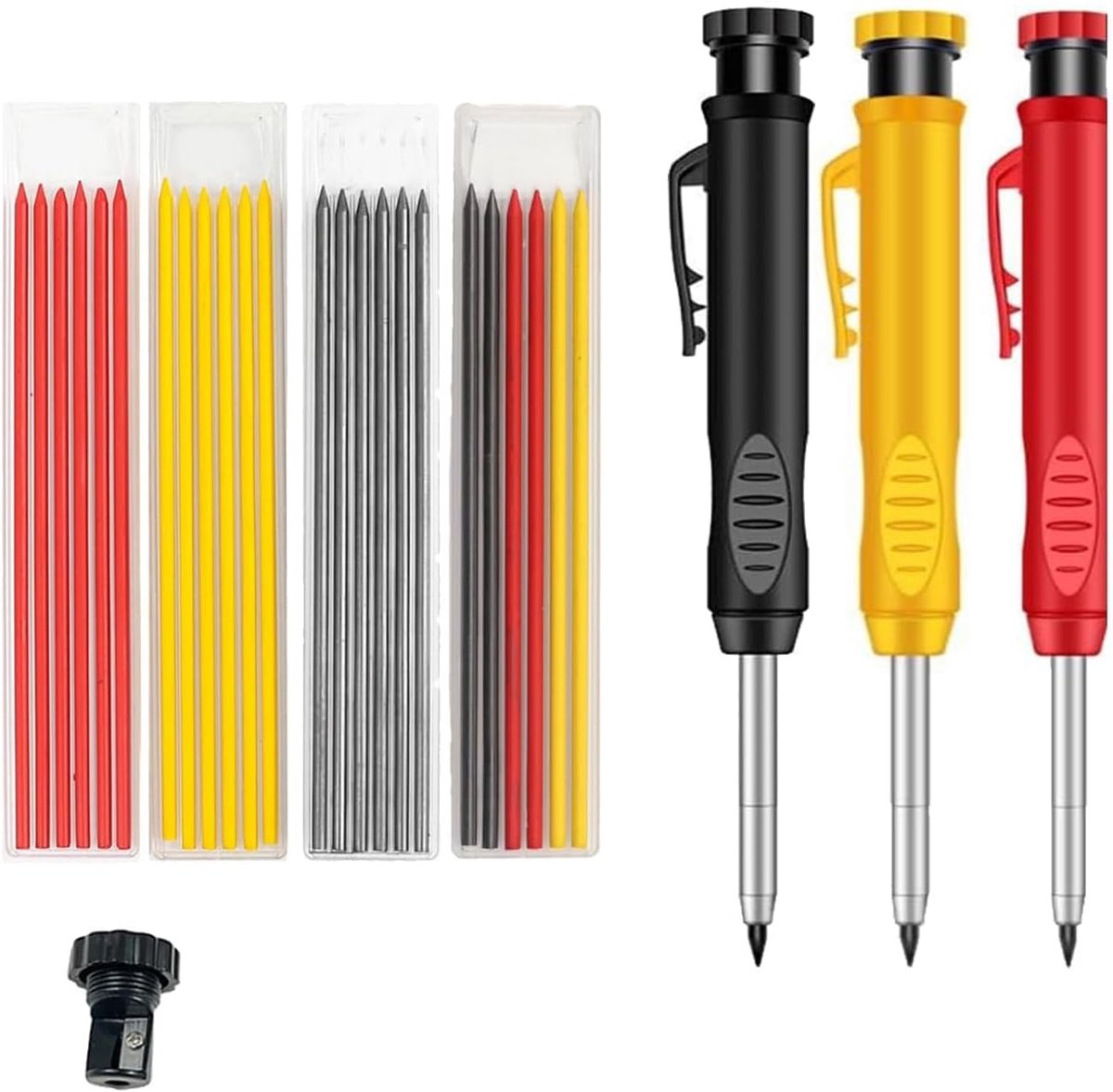 Timmermanspotlodenset, solide timmermanspotloden, veelzijdige vullingen, vulpotlood, markers, potlood met ingebouwde puntenslijper voor houtbewerking, bouwplaats met etui (5 stuks)