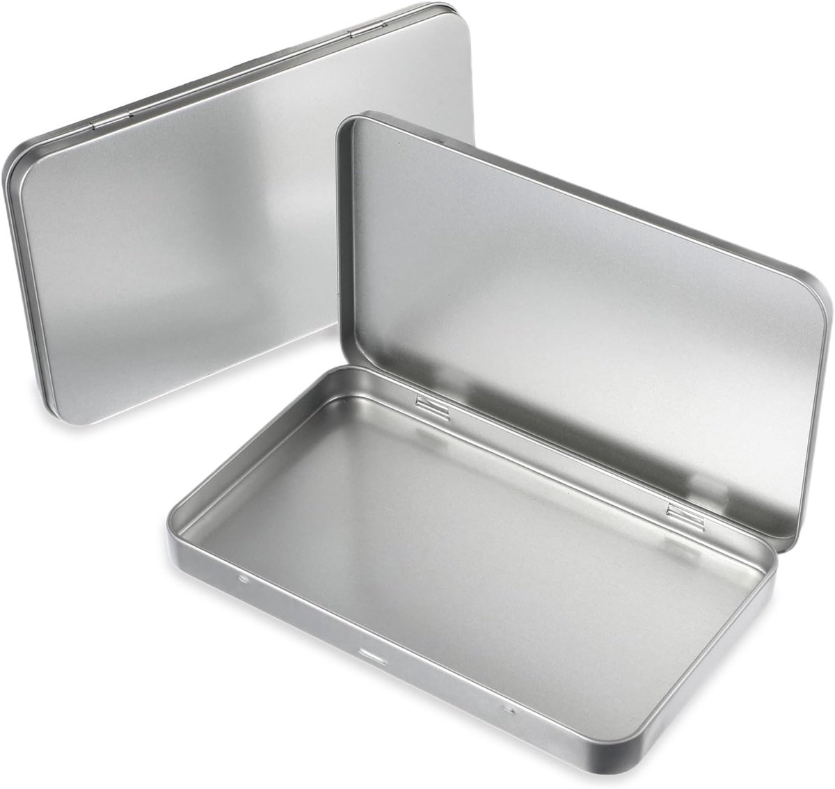 Set van 2 rechthoekige metalen dozen met scharnierend deksel, draagbare opbergdoos van zilverkleurig metaal voor aquarel, sieraden, pennen, gummen, pillen, snoep, knutselen