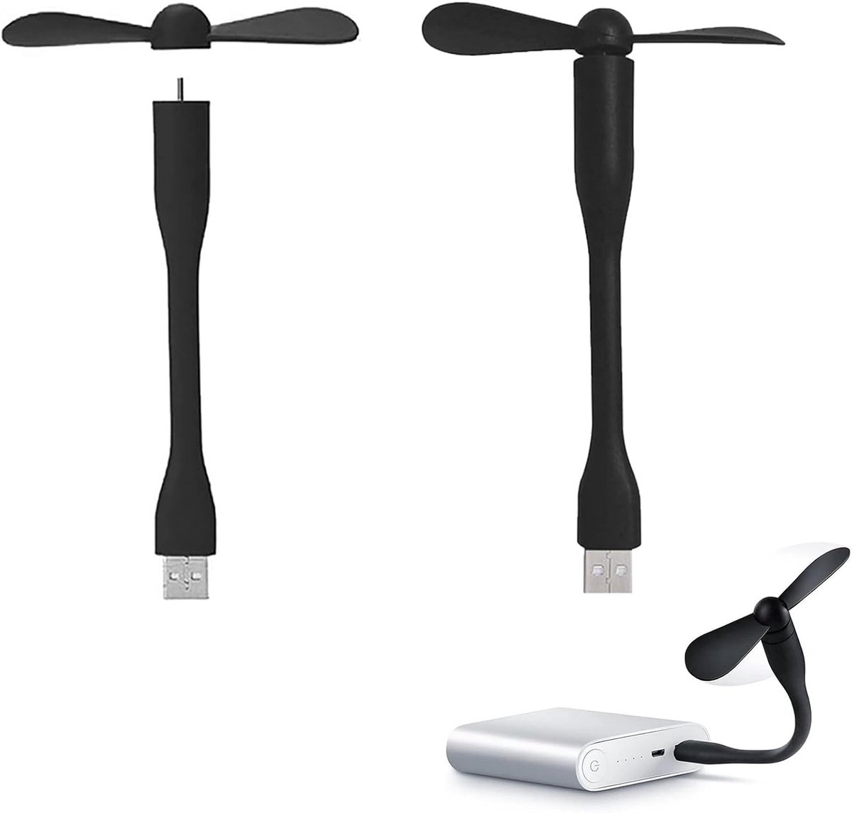 Mini-USB-ventilator, USB-ventilator met flexibele hals, handventilator, flexibele mini-ventilator, afneembare ventilator voor pc, powerbank, USB C telefoonventilator (zwart + zwart)