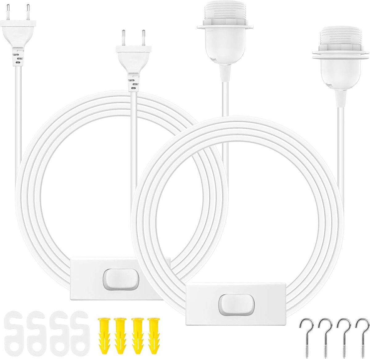 2 stuks lampfitting E27 met schakelaar en stekker, kabel 6 m, wit | PLCatis Lampfitting E27 met elektrische kabel voor hanglampen, lichtstandaard met schakelaar