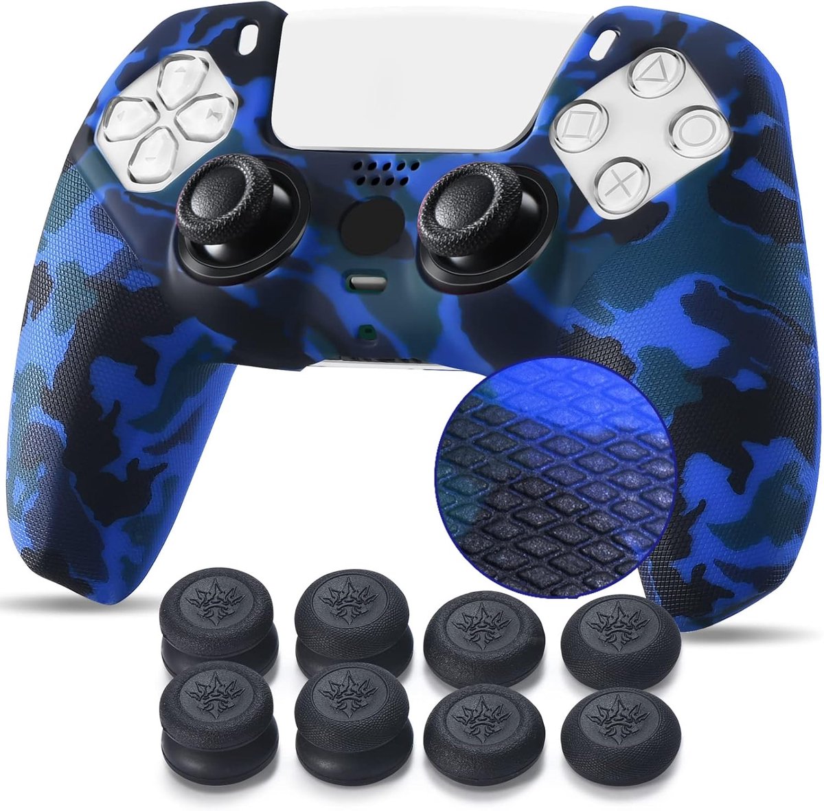 Bezaaid afdrukken siliconenrubber aanpassen Skin Cover voor PS5 Dualsense Controller x 1 (donkerblauw) met professionele duimgrepen x 10