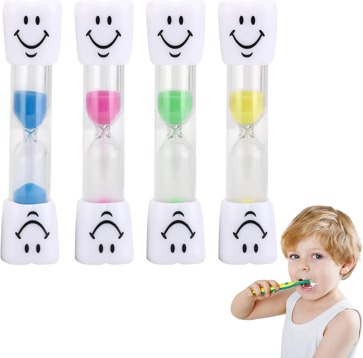 4-delige zandloperset voor kinderen, zandloper voor tandenpoetsen voor kinderen, zandloper om tanden te poetsen, 3 minuten peuters, hourglazenset, zandloper tandenpoetsen timer, grappige zandloper