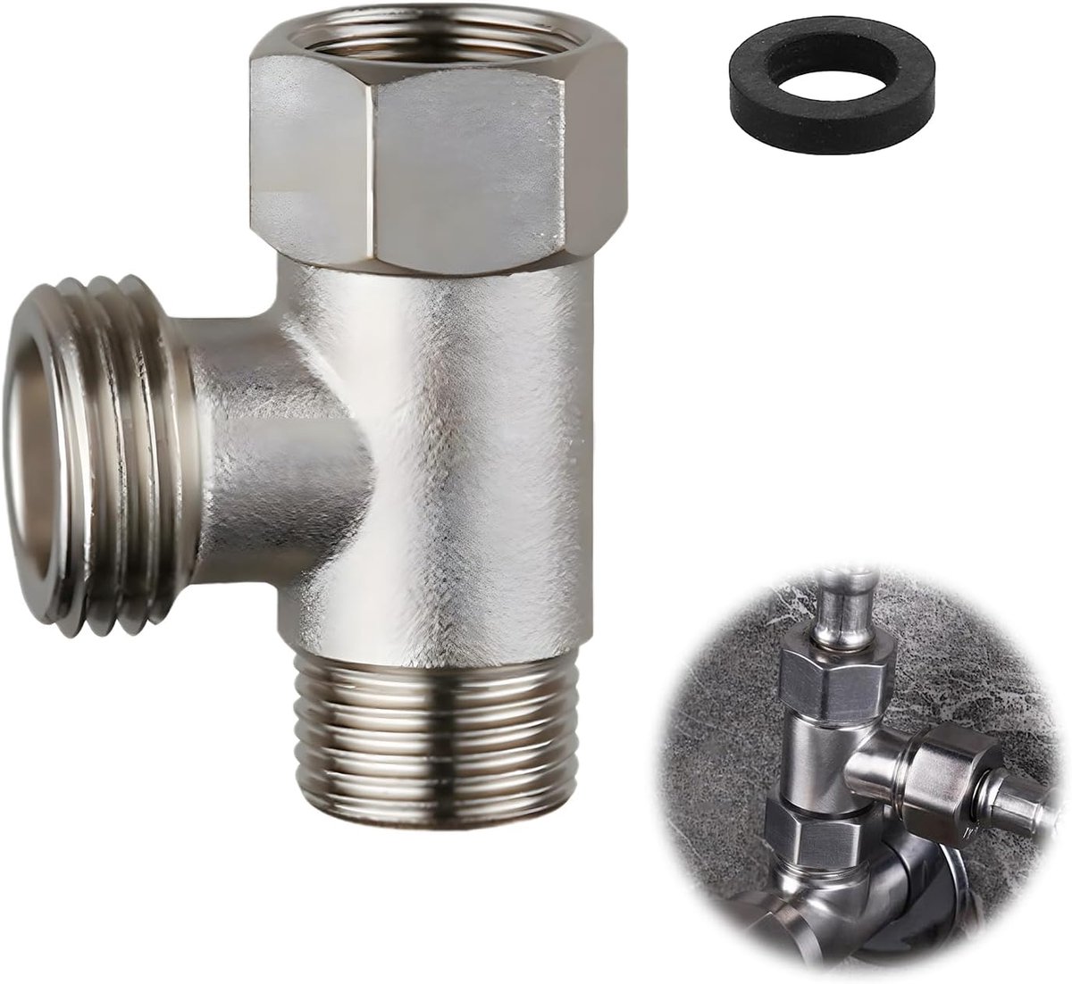 3-weg T-connector van vernikkeld messing – inversieventiel en bypassventiel voor toilet, spoelbak, handdouche, wasmachine – 3-weg toiletkraan, versterkte afdichting, snelle installatie