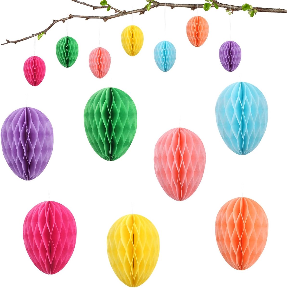 14 stuks paaseieren, decoratie, paaseieren, papier, honingraateieren, om op te hangen en te decoreren, kleurrijke paasdecoratie om op te hangen, voor lente, Pasen, party, decoratie, paasboeket,
