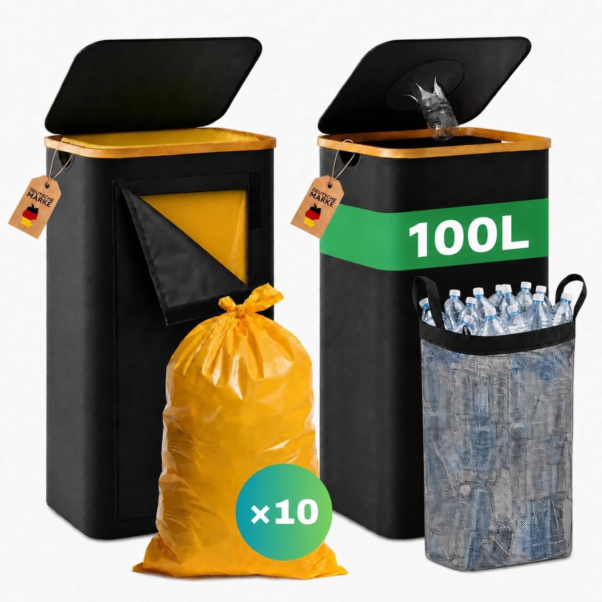 2 x 100L afvalzakstandaard + recycleerbakken met deksel opvouwbaar | waterdicht afvalzakstandaard met 10 gele vuilniszakken, afvalsysteem voor keuken, zwart