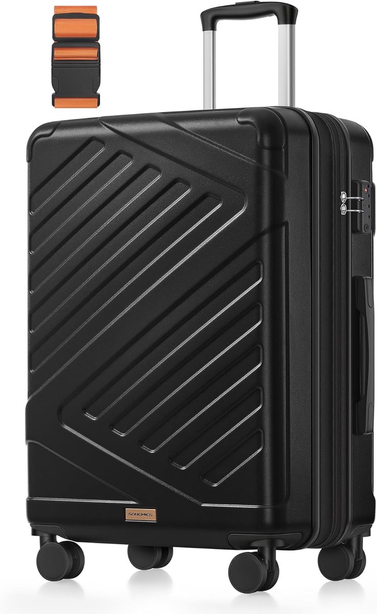 Koffer, reiskoffer, hardcase koffer met TSA-slot, kofferriem, ABS trolley, 4 dubbele wielen, uitbreidbaar, L, 65 cm, inktzwart RLP002B101