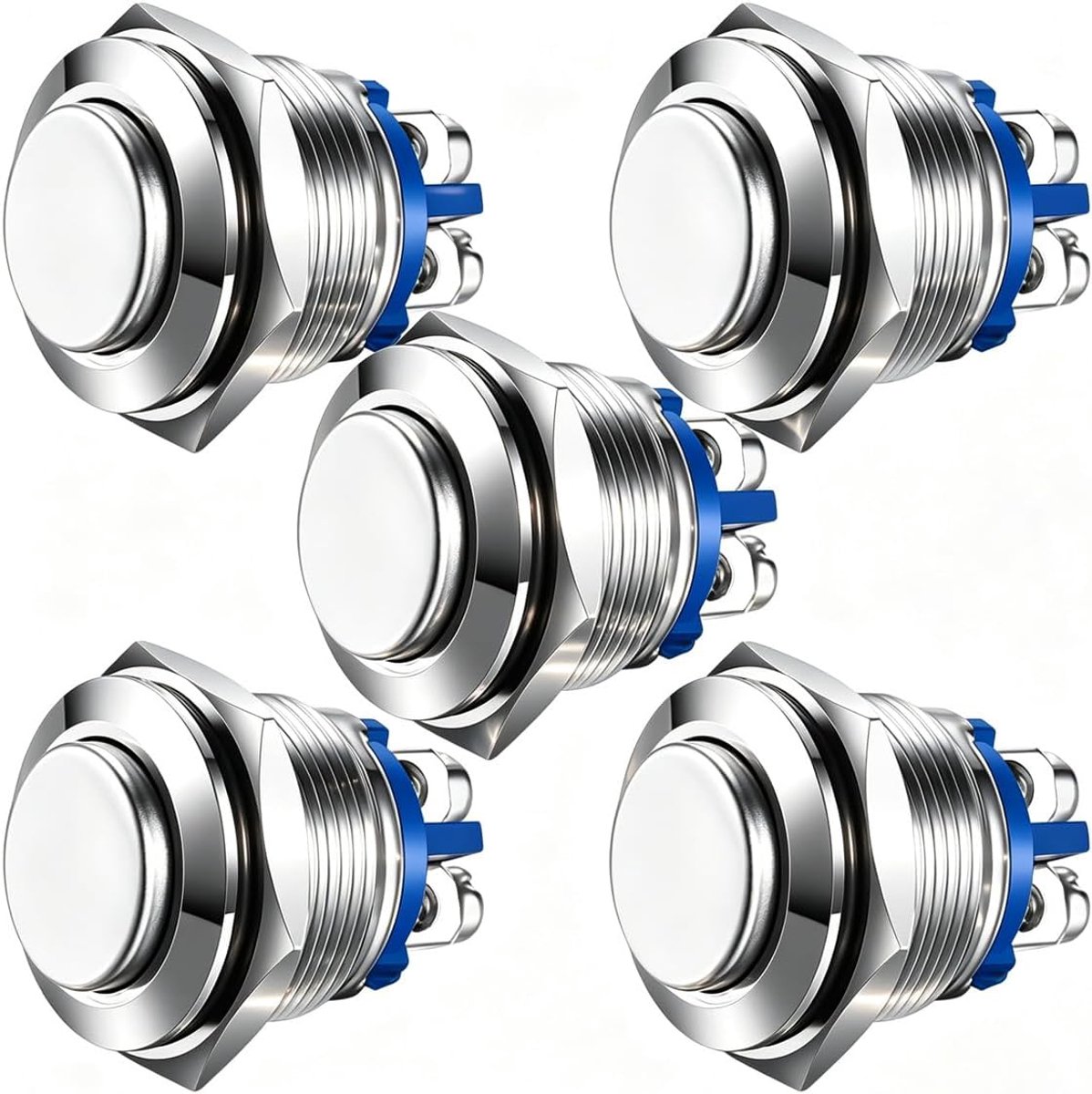 5stuks 16mm 5A 12V/24V/125V/250VAC Momentan knop Schroefklemmen Roestvrij staal Metaal Waterdichte knop (Hoherkop)