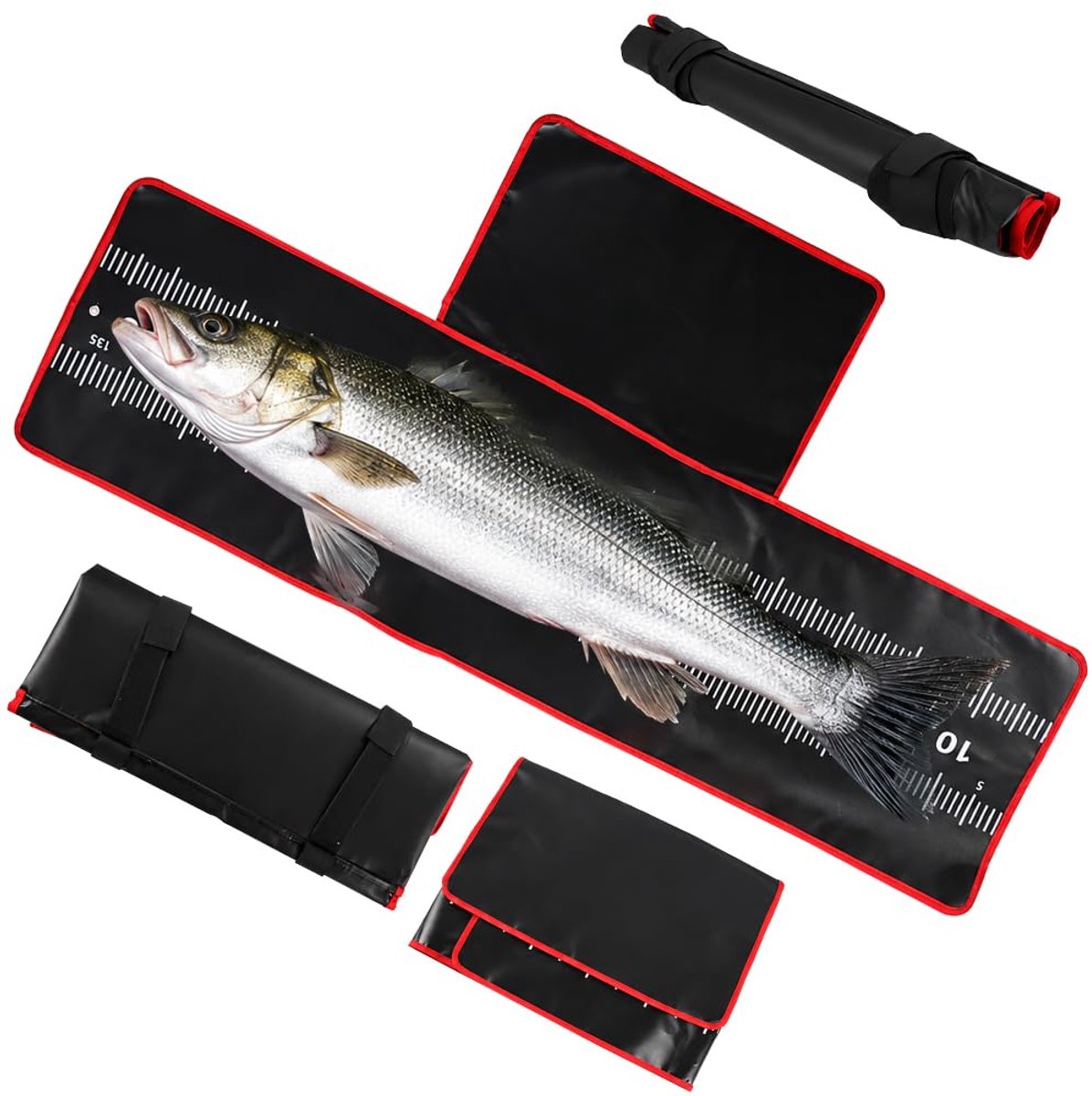 Afhakmat met meetlint, 140 x 35 cm, hengelmat met meetlint 130 cm, visaccessoires voor grote baars, karper, wels, roofvis, voor baars, outdooractiviteiten, camping, draagbaar, oprolbaar