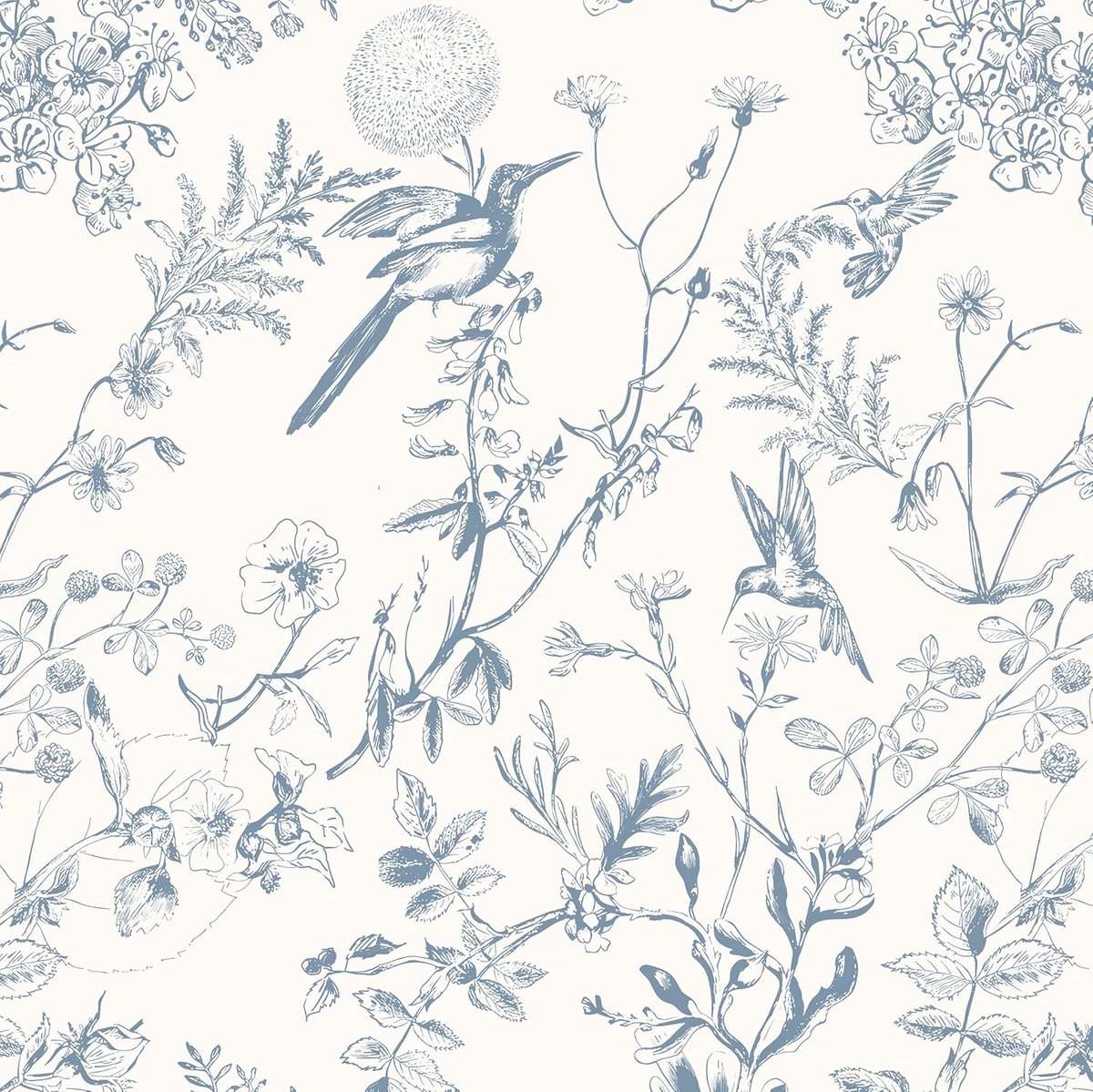 Behang, blauw, vogels, plant, 44 x 300 cm, zelfklevend behang, bloemenbehang, vintage plakfolie, waterdicht, vinyl, muurpapier voor woonkamer, slaapkamer, muur, keuken, meubels