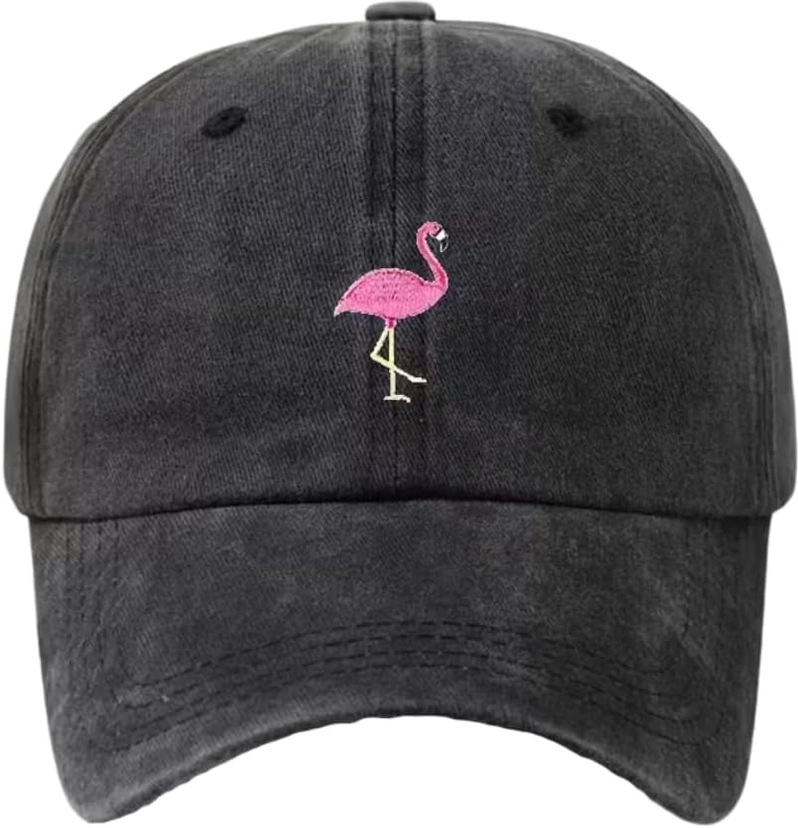 Baseballpet met flamingo-borduurwerk, 100% katoen, uniseks, verstelbaar, gewassen denim look, zwart