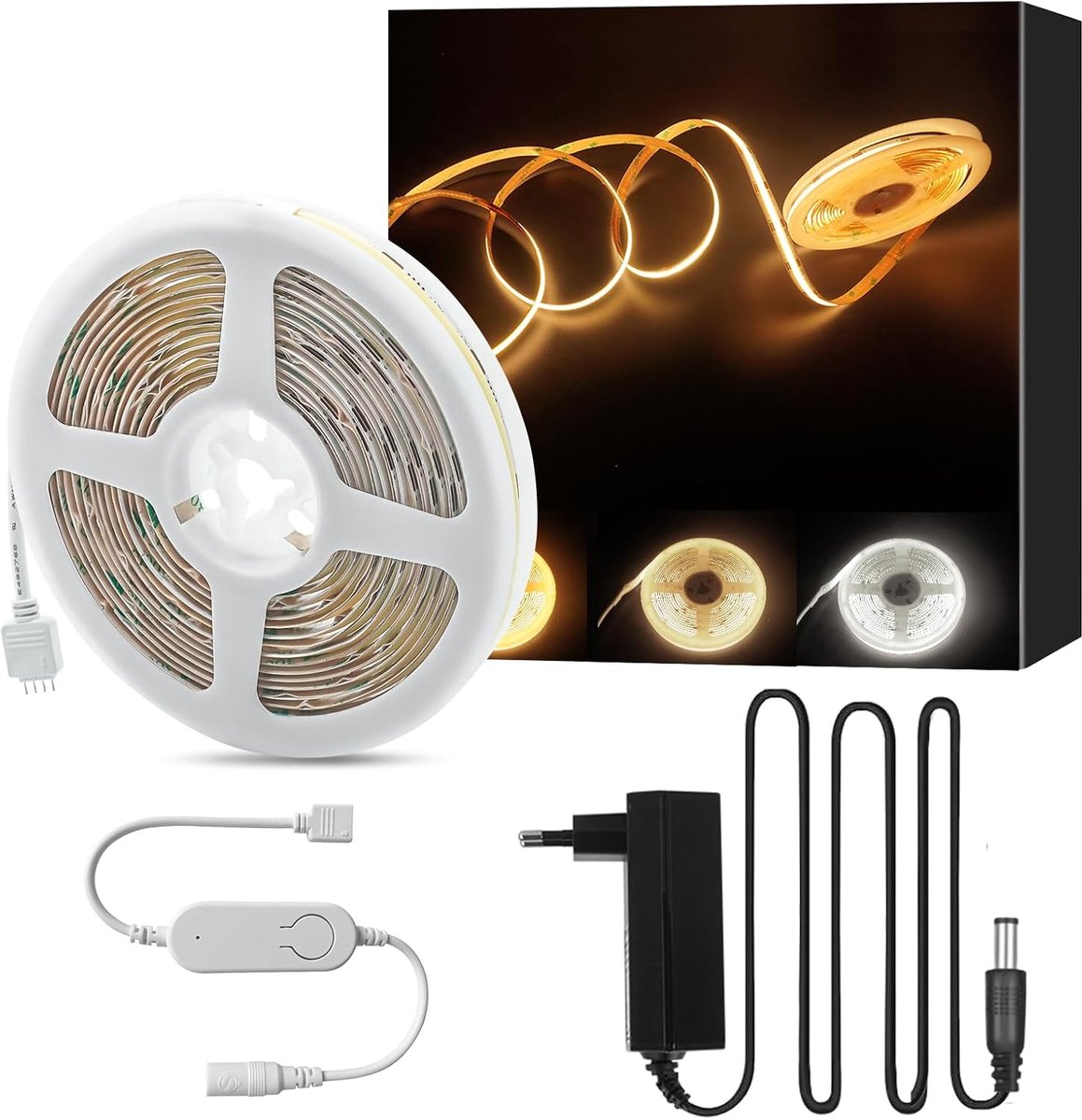 LED Strip CCT Warmwit koudwit 2700K-6500K, 5m 2880LEDs dimbaar 24V LED Strip set met voeding en RF afstandsbediening, Afstembaar COB LED Lichtband Zelfklevend voor Home Binnen Decoratie