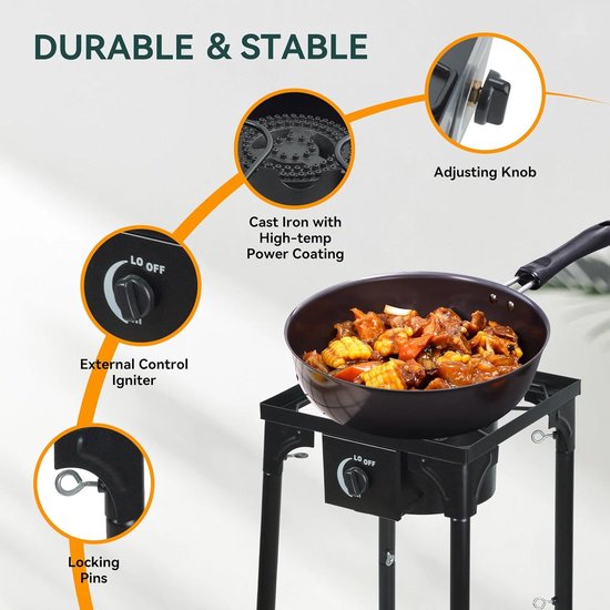 Hockerkooktoestel, gas, 10 kW, met afneembare voeten, campingkooktoestel, inclusief 1,5 m slang en 50 mbar drukregelaar, 4-potige gaskoker voor camping en outdoor — afbeelding 5