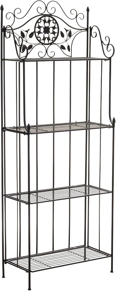 Plantenrek metaal Flora landelijke stijl, inklapbaar, staand rek met 4 legplanken, voor binnen en buiten, tuin, balkon, ttegen de muur, Kleur:zwart