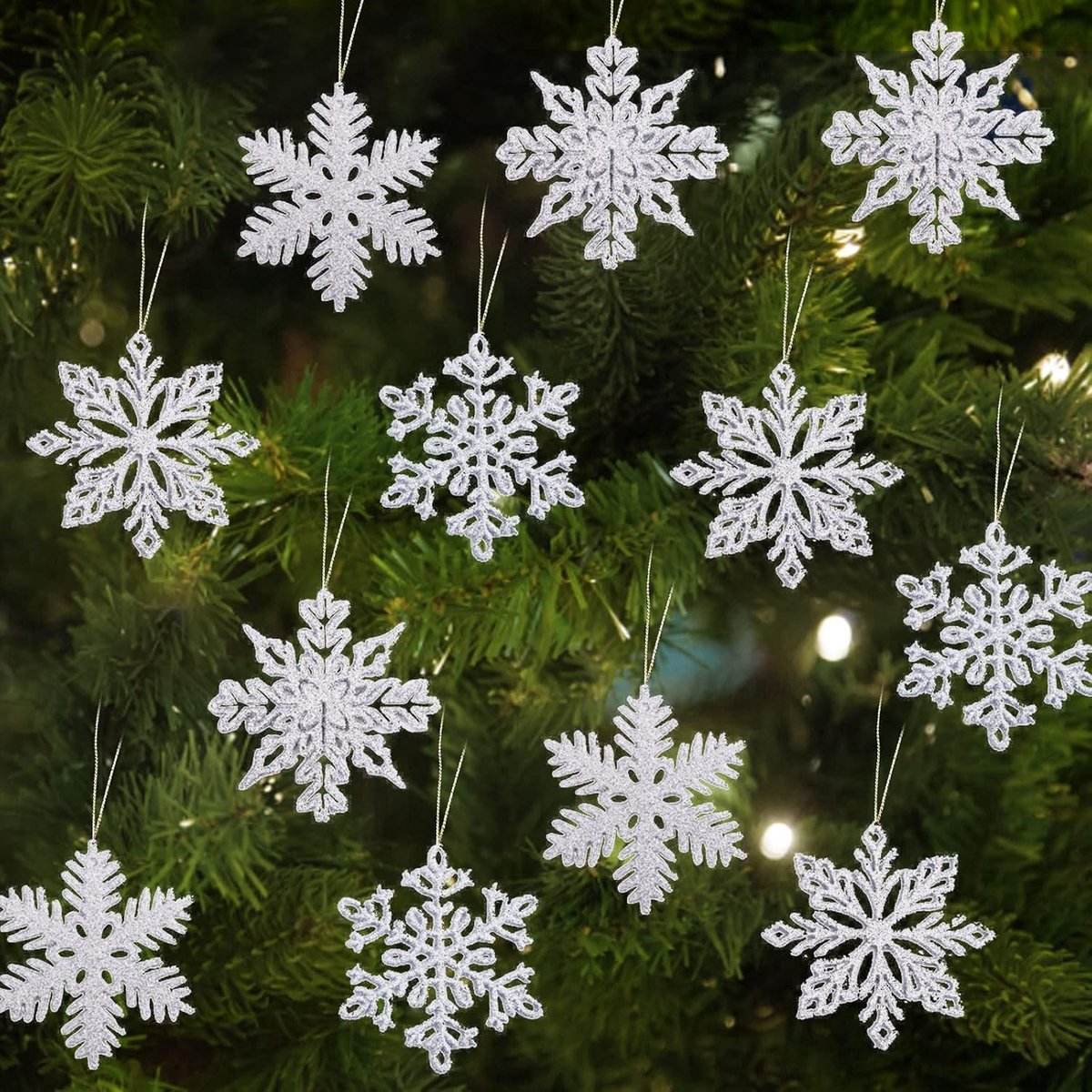 24 stuks kerstsneeuwvlokkendecoratie, kerstfeest, sneeuwvlokken, kerstversiering, glitter met kunststof pailletten, voor kerstboom, glitter, kerstboomversiering (zilver)