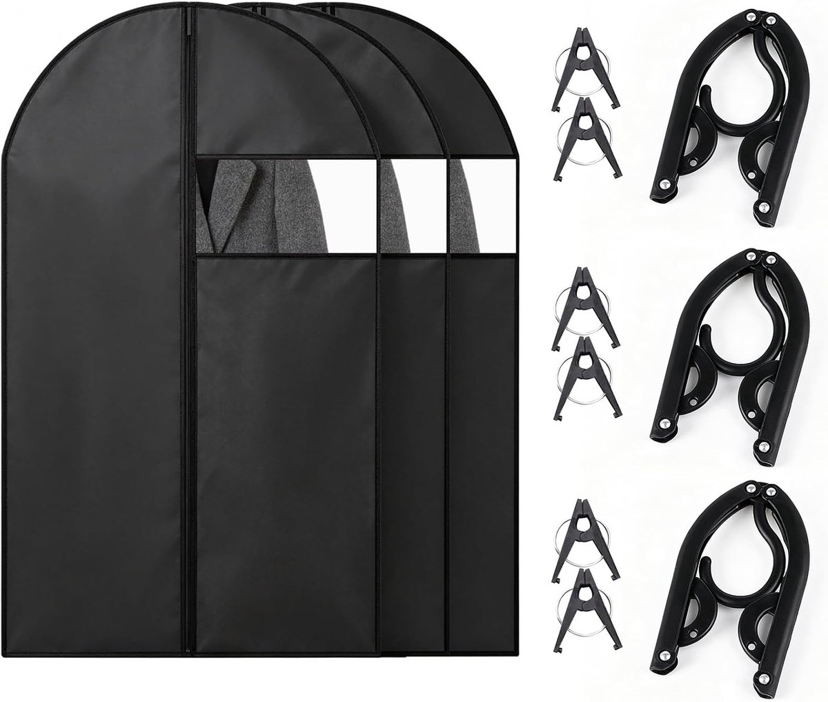 Set van 3 kledingzakken, 120 × 60 cm, beschermhoes voor kleding, stofdicht, waterdicht, stofdichte tas voor blazer en overhemden (zwart)
